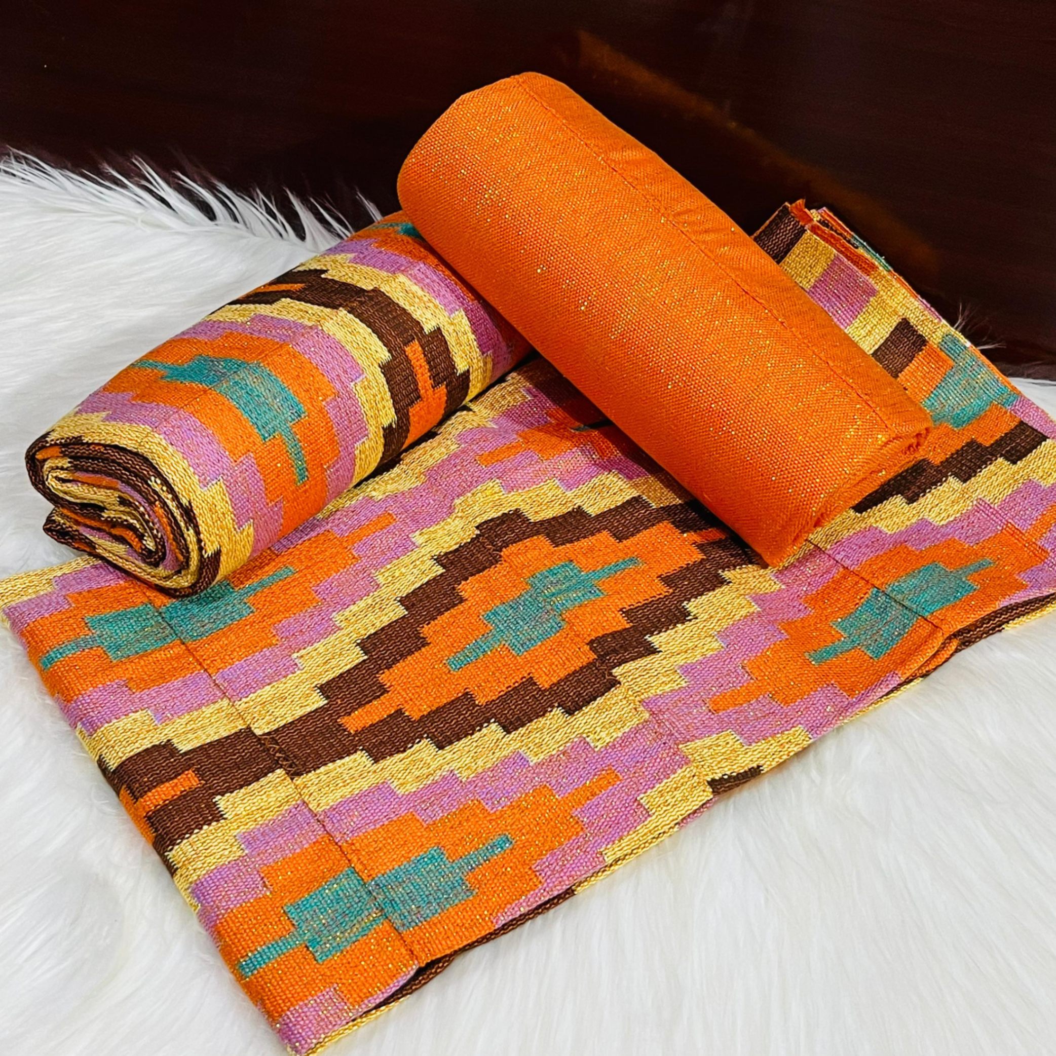 6 Yards  Orange Kente Fabric - For women /Multi color