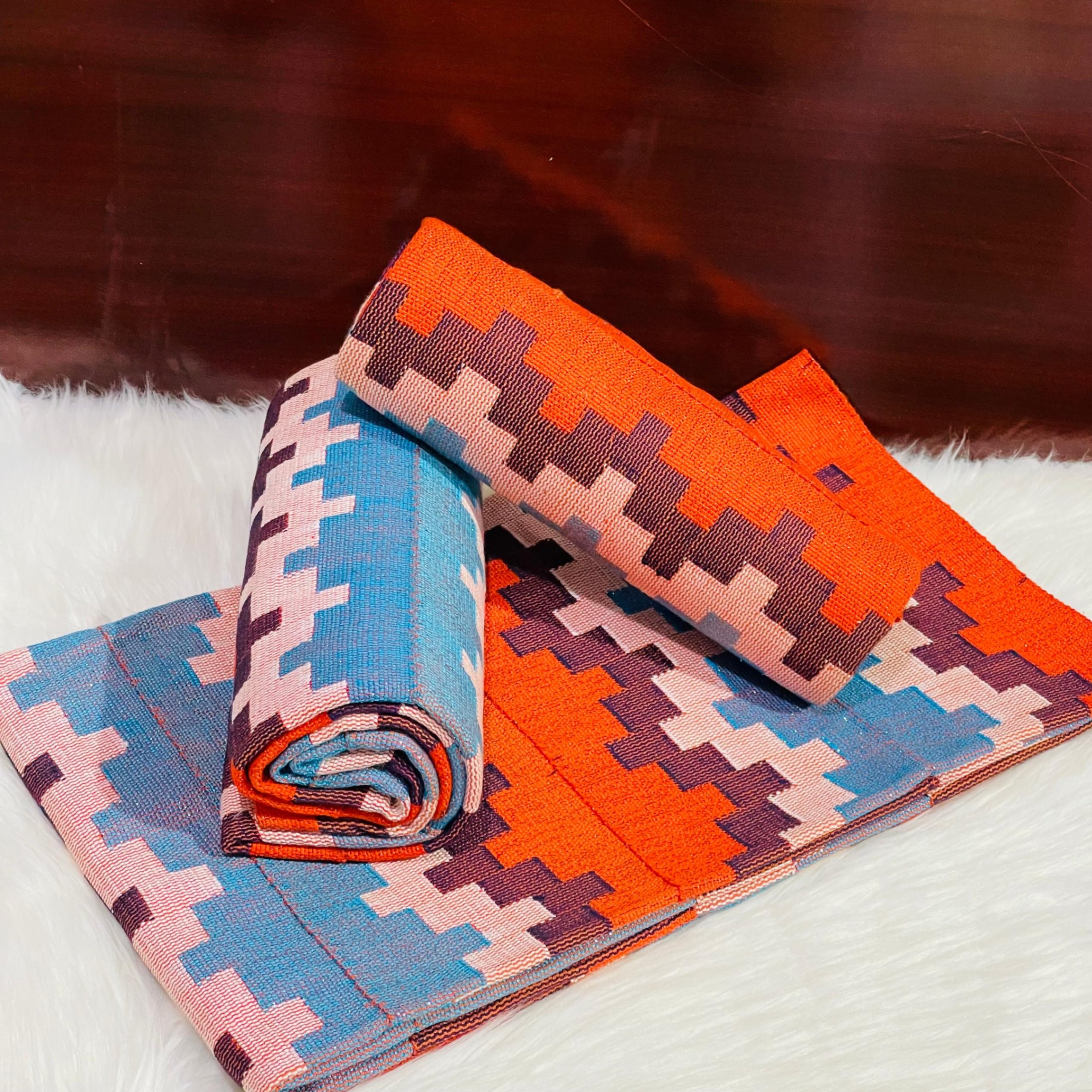 6 Yards Orange &amp; Light Blue Handwoven Kente Fabric - For women /Multi color