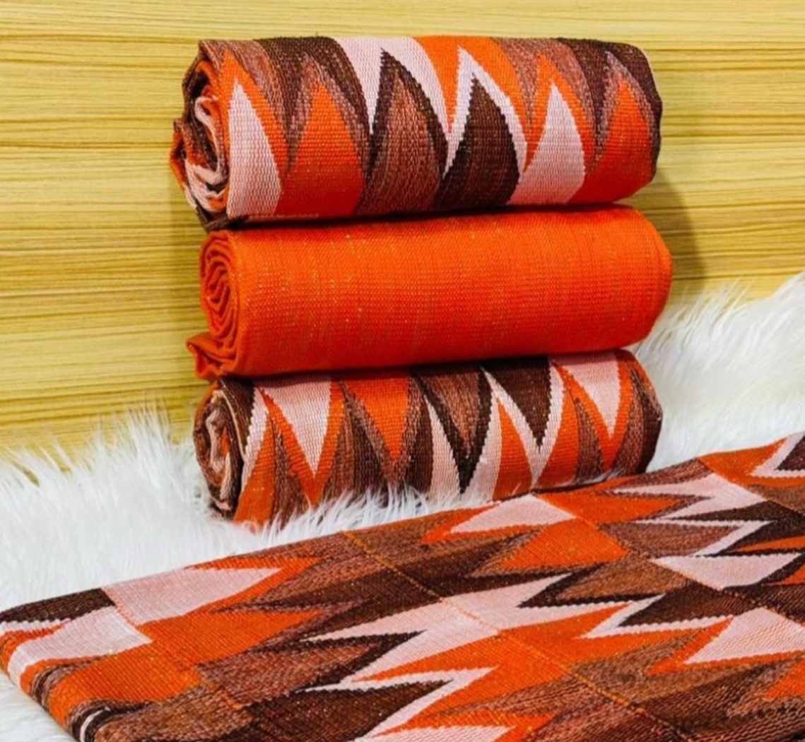 8 Yards Orange &amp; Coffee Brown Kente Fabric - For women